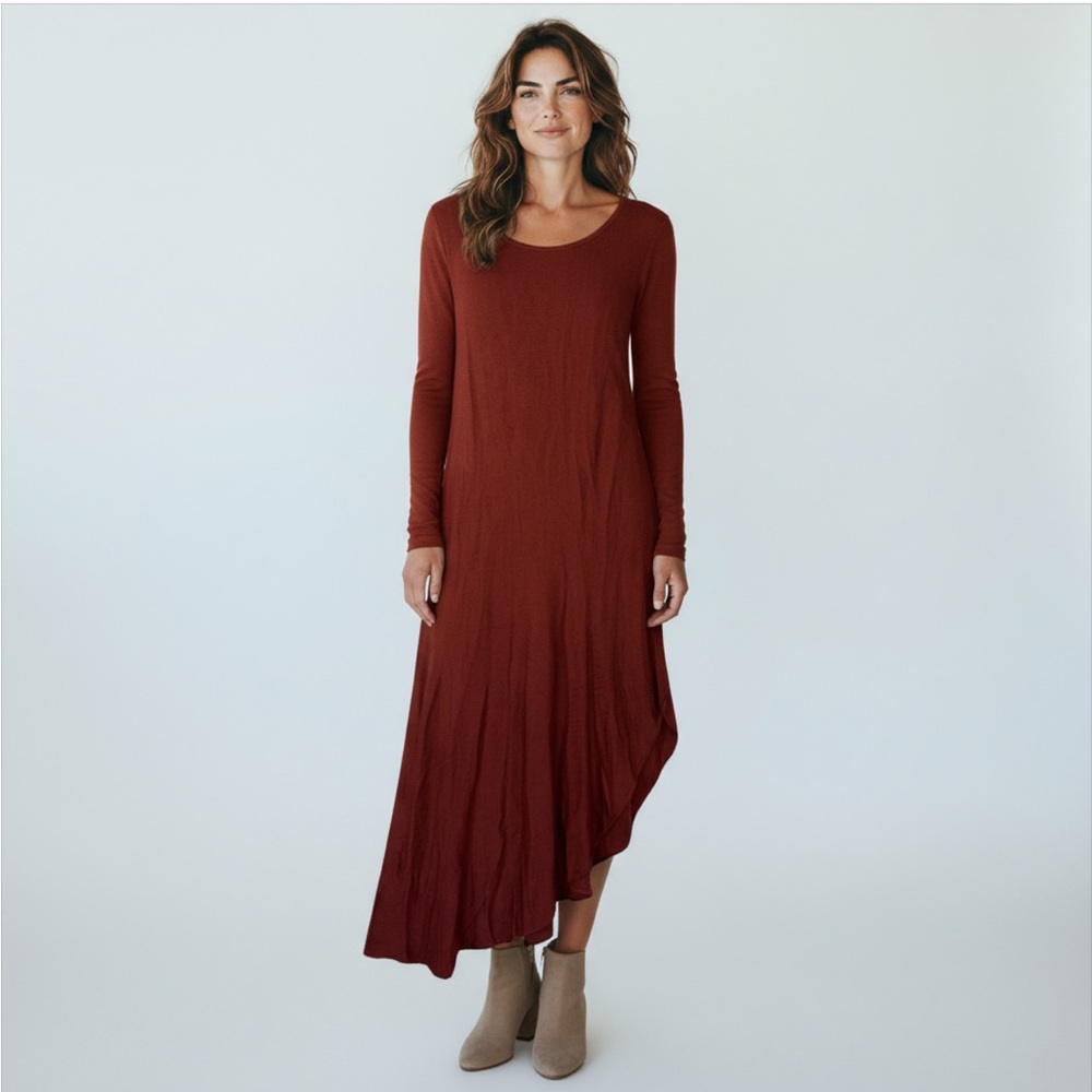 Peruvian Connection Long Sleeve Asymmetrical Hem Scoopneck Dress Size Small